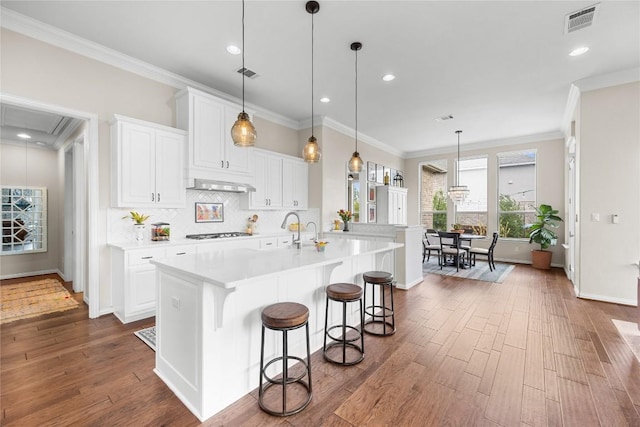 562 Stone River Dr, Austin, TX 78737 - kitchen with a center island with sink, light countertops, dark wood-style flooring, white cabinets, and ornamental molding