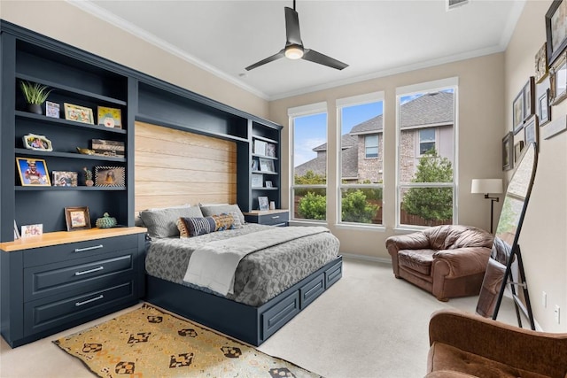 562 Stone River Dr, Austin, TX 78737 - bedroom with light carpet, crown molding, a ceiling fan, and baseboards