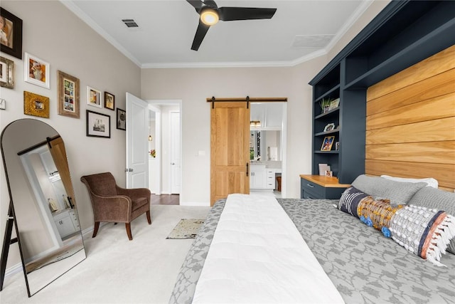 562 Stone River Dr, Austin, TX 78737 - bedroom featuring a barn door, ornamental molding, light colored carpet, baseboards, and a ceiling fan
