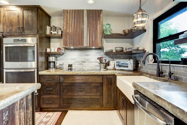 11700 Rim Rock Trl, Austin, TX 78737 - kitchen with open shelves, appliances with stainless steel finishes, decorative backsplash, light countertops, and dark brown cabinetry