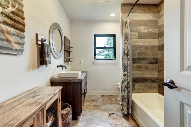 11700 Rim Rock Trl, Austin, TX 78737 - full bathroom with finished concrete flooring, vanity, shower / bath combo, and recessed lighting