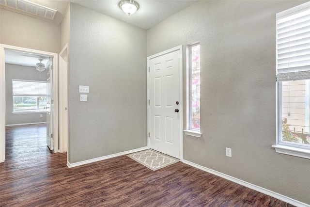 1003 E 3rd St, Georgetown, TX 78626 - entryway with dark wood-style flooring, a textured wall, and baseboards