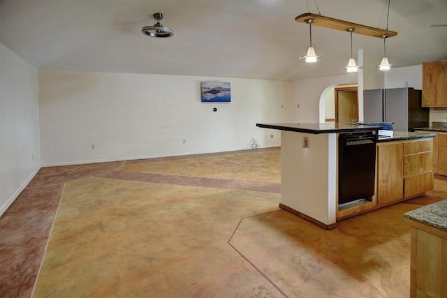 123 Konahuanui Ln, Bastrop, TX 78602 - kitchen with freestanding refrigerator, a center island, pendant lighting, black dishwasher, and baseboards