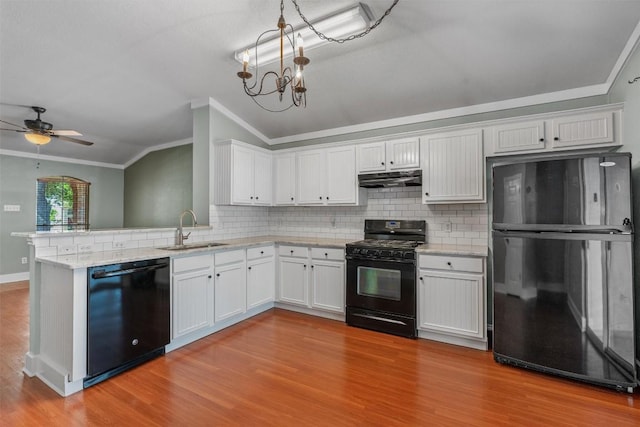 1011 Moser River Dr, Leander, TX 78641 - kitchen with black appliances, a sink, exhaust hood, ornamental molding, and light wood finished floors