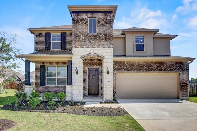 1905 Mariann Dr, Leander, TX 78641 - view of front of property with brick siding, concrete driveway, a garage, stucco siding, and roof with shingles