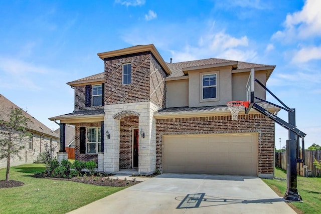 1905 Mariann Dr, Leander, TX 78641 - view of front facade featuring brick siding, concrete driveway, stucco siding, roof with shingles, and a garage