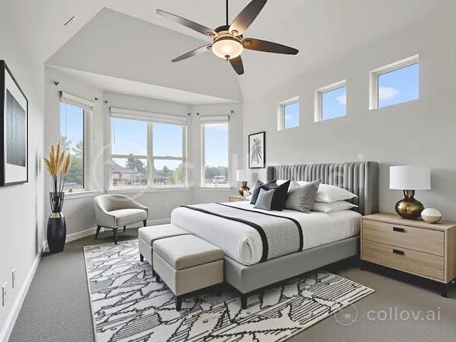 1905 Mariann Dr, Leander, TX 78641 - bedroom with multiple windows, carpet, ceiling fan, and high vaulted ceiling