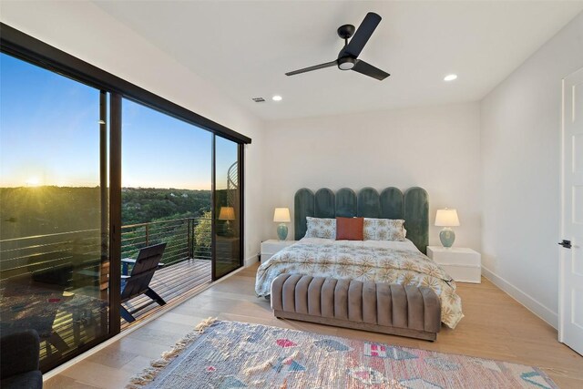14417 Cochise Trl, Austin, TX 78734 - bedroom with wood finished floors, recessed lighting, access to outside, baseboards, and ceiling fan