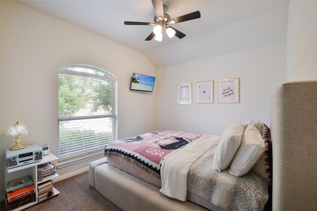 216 Walkup Ln, Leander, TX 78641 - carpeted bedroom with lofted ceiling, a ceiling fan, and baseboards