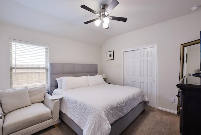 216 Walkup Ln, Leander, TX 78641 - bedroom featuring a closet, carpet floors, lofted ceiling, and a ceiling fan