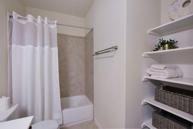 216 Walkup Ln, Leander, TX 78641 - bathroom with toilet, shower / tub combo, vanity, and tile patterned floors