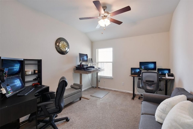 216 Walkup Ln, Leander, TX 78641 - carpeted home office featuring vaulted ceiling, a ceiling fan, and baseboards