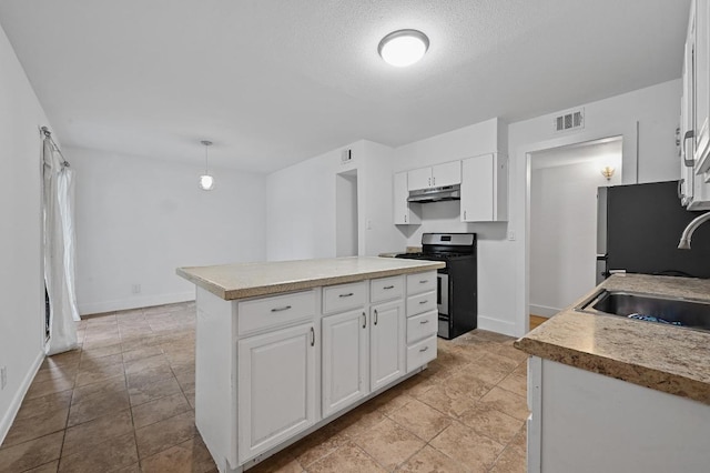 2303 E E Side Dr Unit 102, Austin, TX 78704 - kitchen featuring stainless steel appliances, under cabinet range hood, white cabinets, and a textured ceiling
