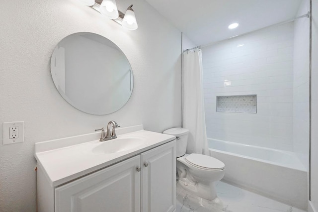 2303 E E Side Dr Unit 102, Austin, TX 78704 - full bathroom with vanity, shower / bath combo with shower curtain, and marble finish flooring