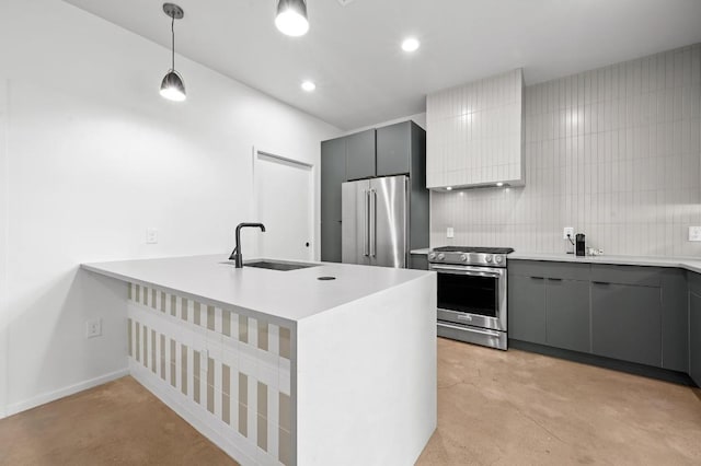 1001 Walter St Unit 2, Austin, TX 78702 - kitchen featuring appliances with stainless steel finishes, gray cabinetry, modern cabinets, a peninsula, and recessed lighting