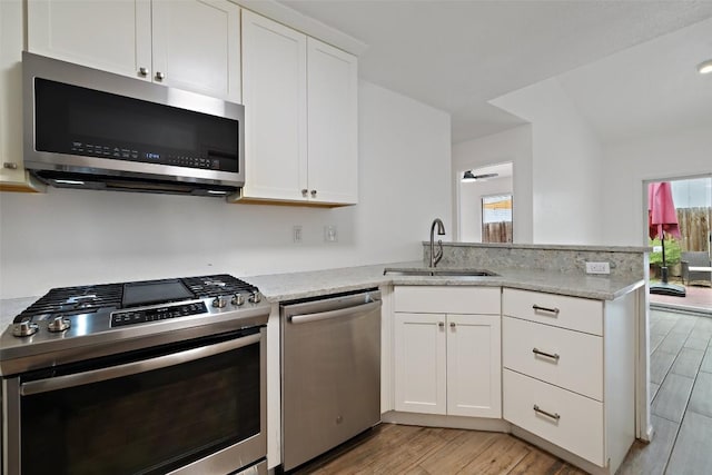 2205 Thornwild Pass, Austin, TX 78758 - kitchen featuring stainless steel appliances, a peninsula, plenty of natural light, and light wood-type flooring