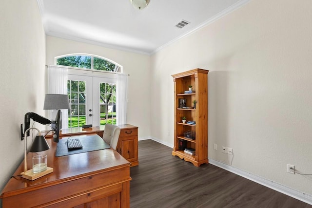 1008 Twin Terrace Ct, Round Rock, TX 78665 - office area with french doors, dark wood finished floors, crown molding, and baseboards