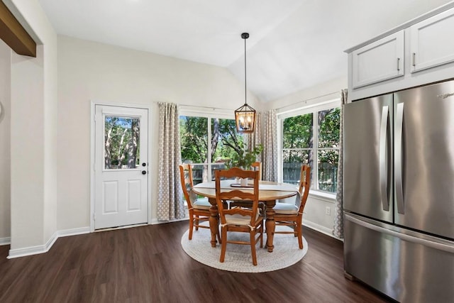 1008 Twin Terrace Ct, Round Rock, TX 78665 - dining area with baseboards, dark wood-style floors, vaulted ceiling, and a chandelier