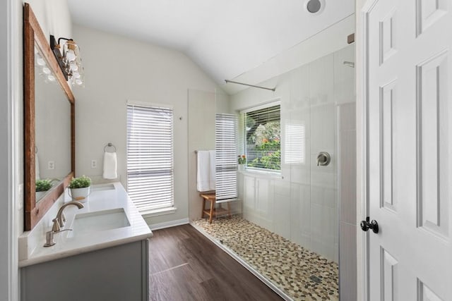 1008 Twin Terrace Ct, Round Rock, TX 78665 - full bath featuring double vanity, wood finished floors, a tile shower, and lofted ceiling