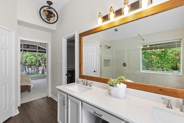 1008 Twin Terrace Ct, Round Rock, TX 78665 - full bath featuring double vanity, a walk in shower, wood finished floors, and baseboards
