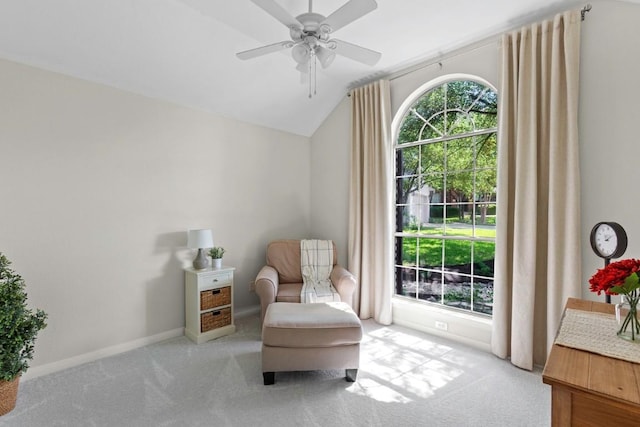 1008 Twin Terrace Ct, Round Rock, TX 78665 - sitting room featuring carpet, lofted ceiling, a ceiling fan, and baseboards