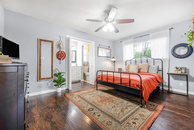 1906 Garden Villa Dr, Georgetown, TX 78628 - bedroom featuring wood finished floors, ensuite bathroom, and a ceiling fan