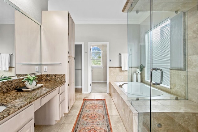 1026 Windmill Rd, Dripping Springs, TX 78620 - full bathroom with ornamental molding, vanity, a bath, tile patterned floors, and a stall shower