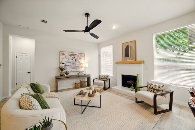 3000 Warwick Way, Austin, TX 78748 - living area with wood finished floors, plenty of natural light, a fireplace with raised hearth, and ceiling fan