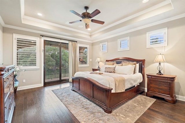 303 Bella Montagna Cir, Austin, TX 78734 - bedroom with a raised ceiling, access to outside, dark wood-style flooring, ornamental molding, and a ceiling fan