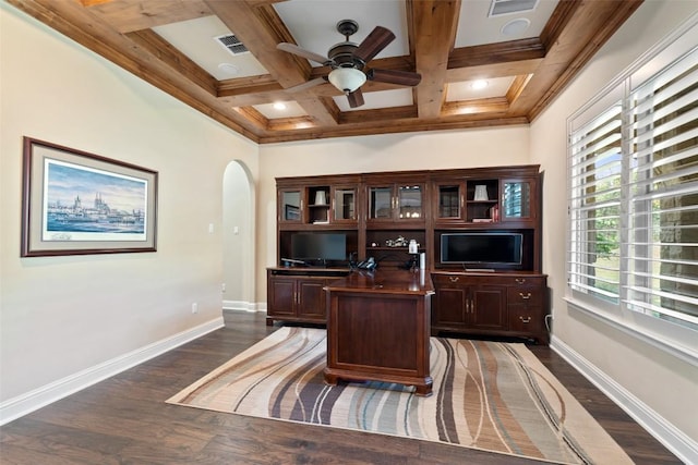 303 Bella Montagna Cir, Austin, TX 78734 - office area featuring a ceiling fan, arched walkways, dark wood-type flooring, beamed ceiling, and crown molding