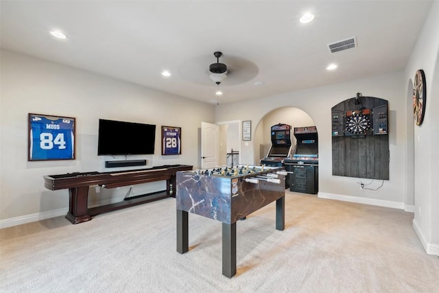 303 Bella Montagna Cir, Austin, TX 78734 - rec room with light colored carpet, a ceiling fan, and recessed lighting