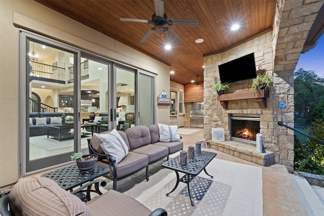 303 Bella Montagna Cir, Austin, TX 78734 - view of patio / terrace featuring an outdoor living space with a fireplace and ceiling fan