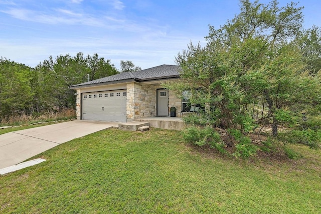 21003 Dodge Trl, Lago Vista, TX 78645 - view of front of house with an attached garage, stone siding, driveway, and a front lawn
