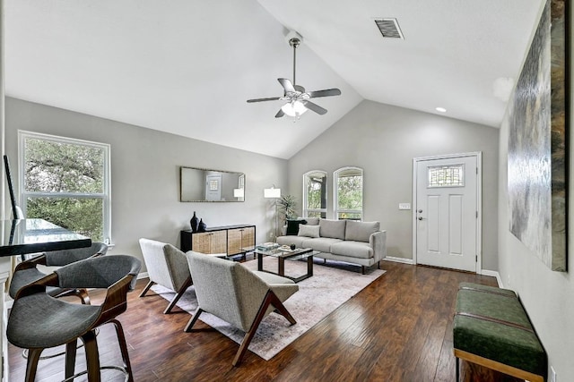 21003 Dodge Trl, Lago Vista, TX 78645 - living area with a ceiling fan, dark wood finished floors, and high vaulted ceiling