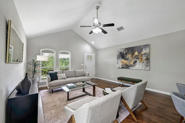 21003 Dodge Trl, Lago Vista, TX 78645 - living area featuring ceiling fan, vaulted ceiling, and wood finished floors