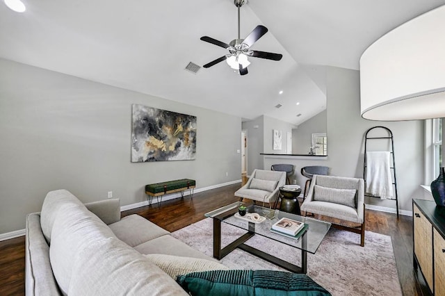 21003 Dodge Trl, Lago Vista, TX 78645 - living area with lofted ceiling, wood finished floors, and ceiling fan