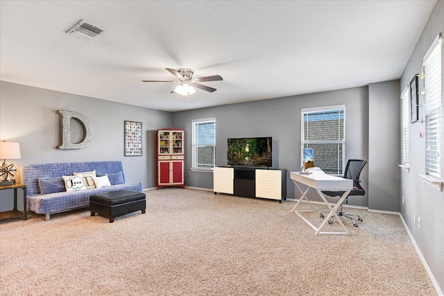 257 Culebra Dr, Georgetown, TX 78626 - carpeted living room featuring plenty of natural light, a ceiling fan, and baseboards