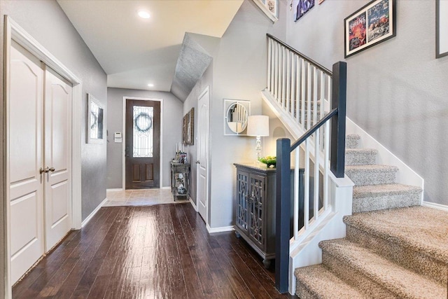 257 Culebra Dr, Georgetown, TX 78626 - entrance foyer featuring hardwood / wood-style flooring, baseboards, stairs, recessed lighting, and lofted ceiling