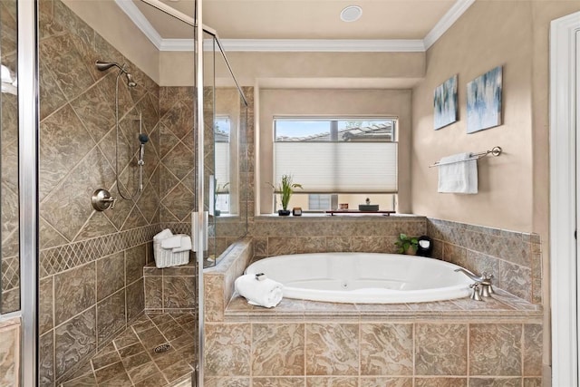 8546 Adirondack Trl Unit 14, Austin, TX 78759 - full bathroom featuring a jetted tub, a shower stall, and crown molding