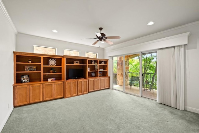 8546 Adirondack Trl Unit 14, Austin, TX 78759 - unfurnished living room with light colored carpet, crown molding, ceiling fan, and recessed lighting