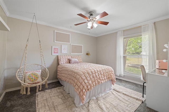 13201 Stillforest St, Austin, TX 78729 - bedroom with light colored carpet, ornamental molding, baseboards, and a ceiling fan