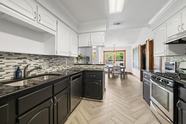 13201 Stillforest St, Austin, TX 78729 - kitchen featuring appliances with stainless steel finishes, a sink, white cabinetry, decorative backsplash, and range hood