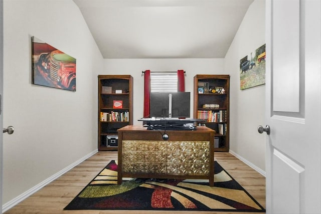 320 Bright Star Ln, Georgetown, TX 78628 - office featuring vaulted ceiling, light wood-type flooring, and baseboards
