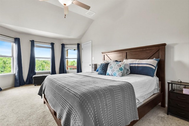 320 Bright Star Ln, Georgetown, TX 78628 - bedroom featuring light carpet, lofted ceiling, and a ceiling fan