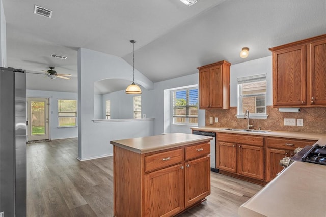 2141 Rachel Ln, Round Rock, TX 78664 - kitchen featuring a sink, appliances with stainless steel finishes, lofted ceiling, light wood finished floors, and decorative backsplash