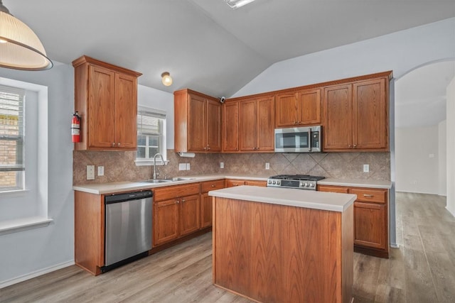 2141 Rachel Ln, Round Rock, TX 78664 - kitchen featuring stainless steel appliances, a sink, light countertops, light wood-style flooring, and vaulted ceiling