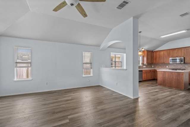 2141 Rachel Ln, Round Rock, TX 78664 - kitchen with appliances with stainless steel finishes, lofted ceiling, open floor plan, a ceiling fan, and plenty of natural light