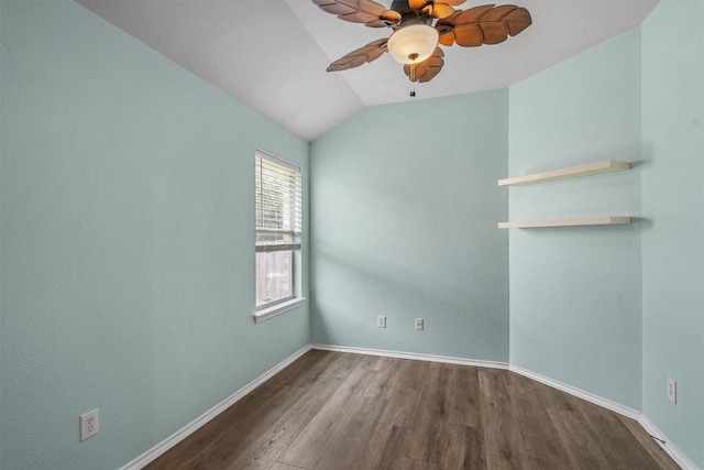 2141 Rachel Ln, Round Rock, TX 78664 - spare room featuring wood finished floors, ceiling fan, baseboards, and lofted ceiling