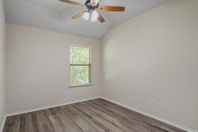 2141 Rachel Ln, Round Rock, TX 78664 - spare room with wood finished floors, a ceiling fan, vaulted ceiling, and baseboards