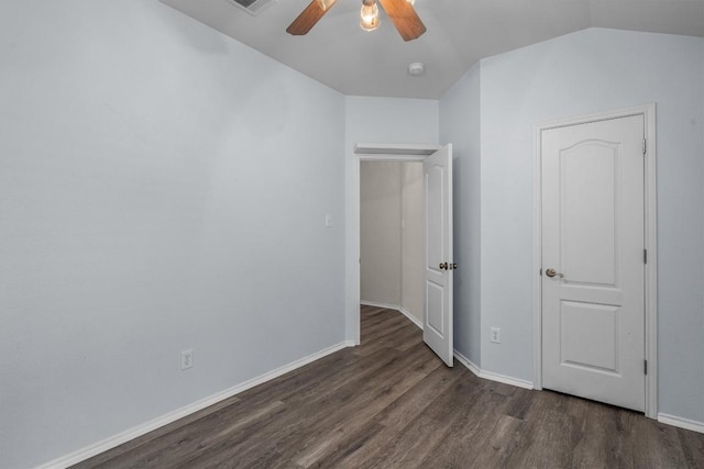2141 Rachel Ln, Round Rock, TX 78664 - unfurnished bedroom featuring wood finished floors, lofted ceiling, baseboards, and ceiling fan